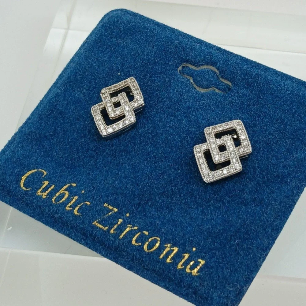 Vintage 1990s‎ Cubic Zirconia Interlocking Square Stud Earrings Silver Tone Rare